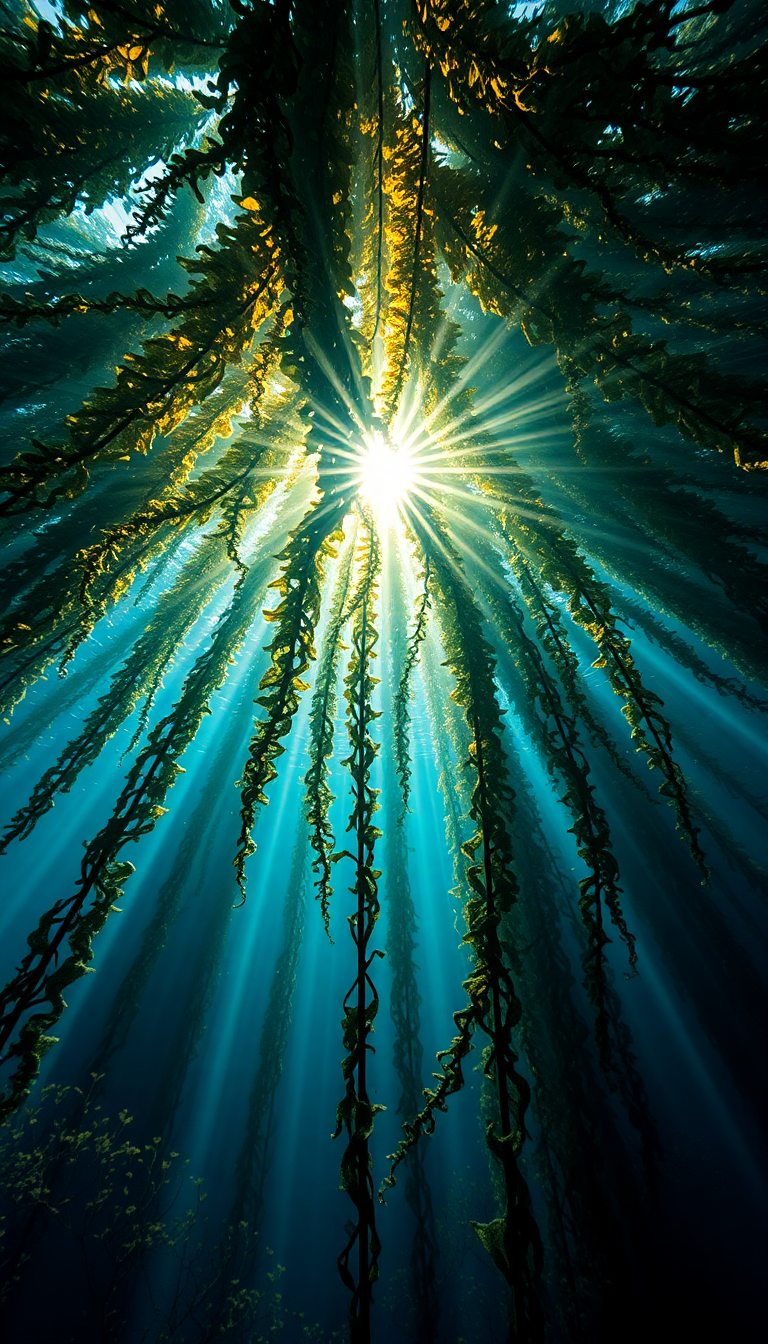 Underwater Kelp Forest Sun Rays Photorealistic Wallpaper