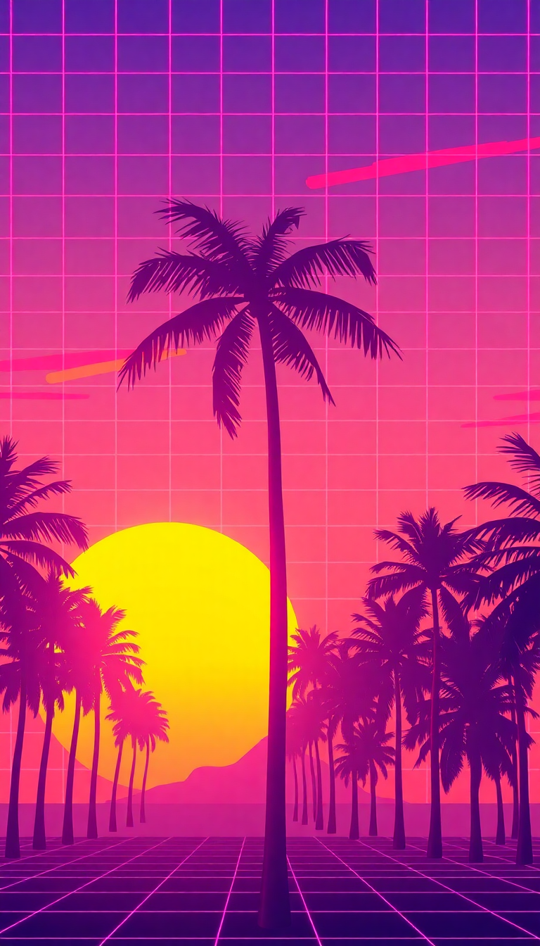 80s Synthwave Grid Sunset Palm Digital art Wallpaper