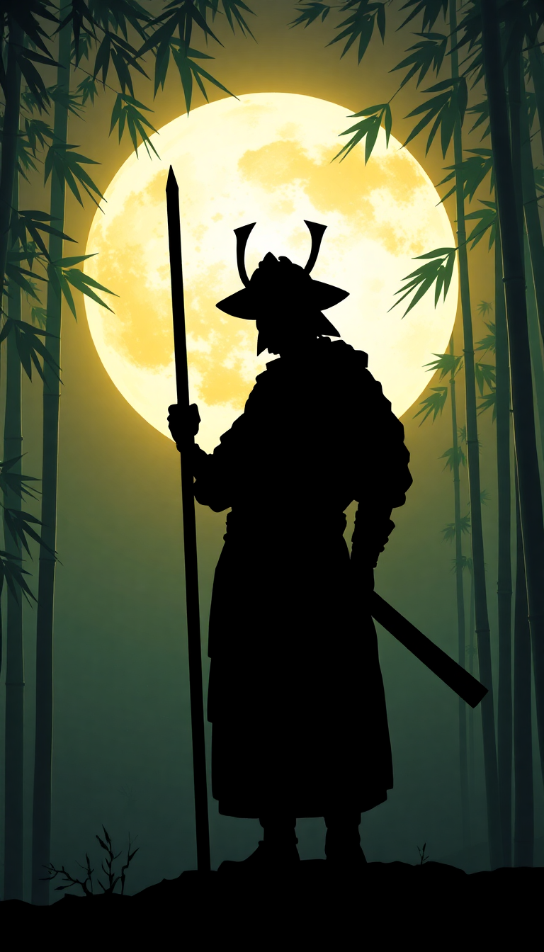 Samurai Silhouette Moonlit Bamboo Forest Digital art Wallpaper