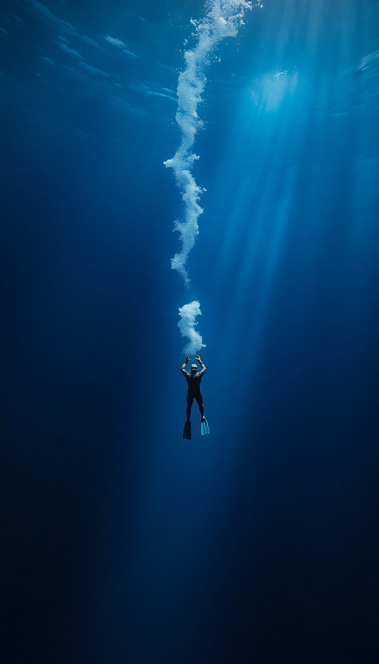 Freediver Descending Into Deep Blue Photorealistic Wallpaper