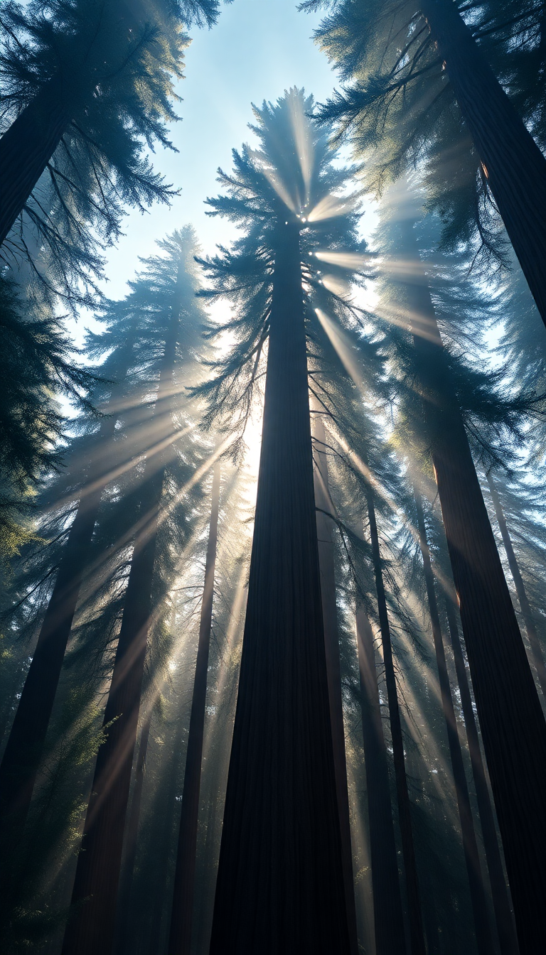 Giant Redwood Trees Morning Fog Photorealistic Wallpaper