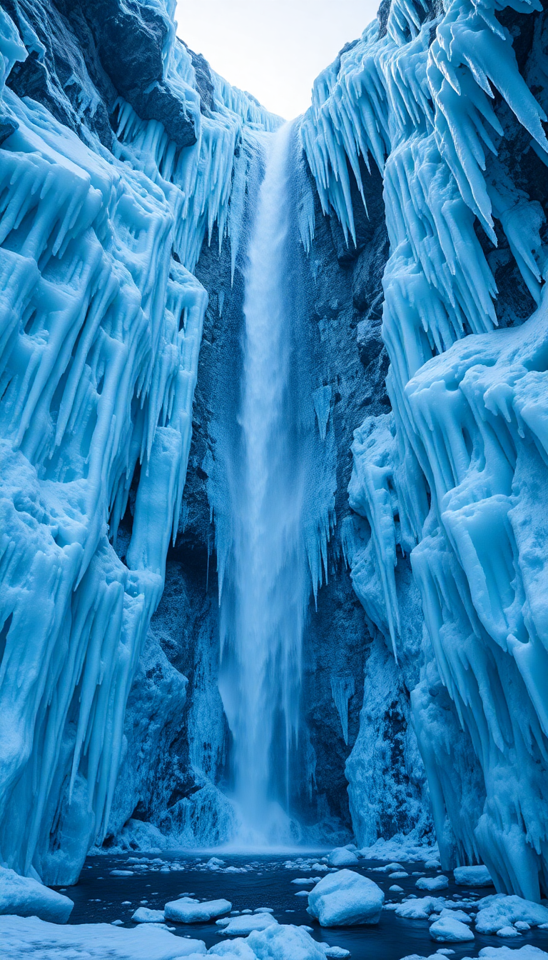 Frozen Waterfall Ice Formations Winter Photorealistic Wallpaper