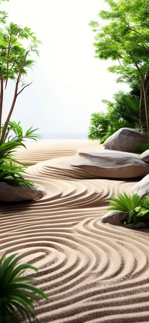 Zen Rock Garden Raked Sand Photorealistic Wallpaper