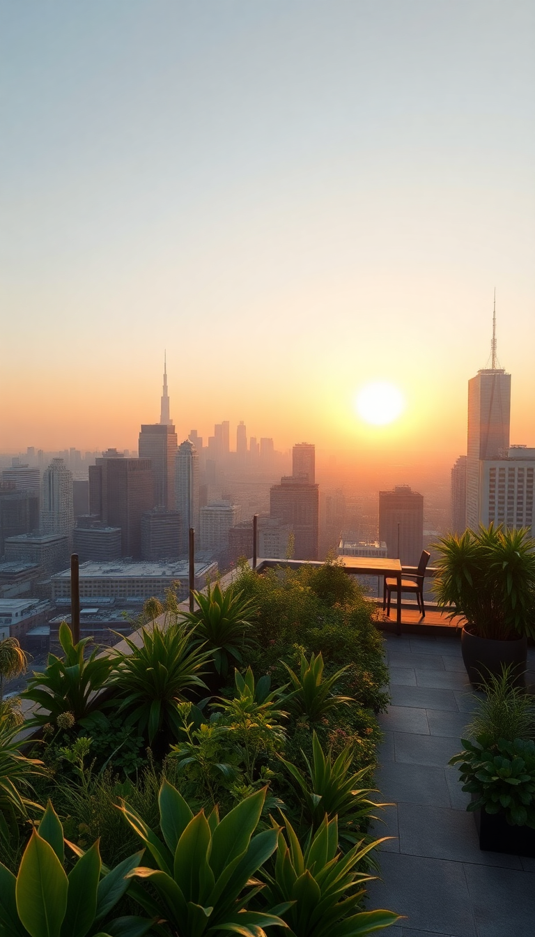 Rooftop Garden Oasis Above City Photorealistic Wallpaper