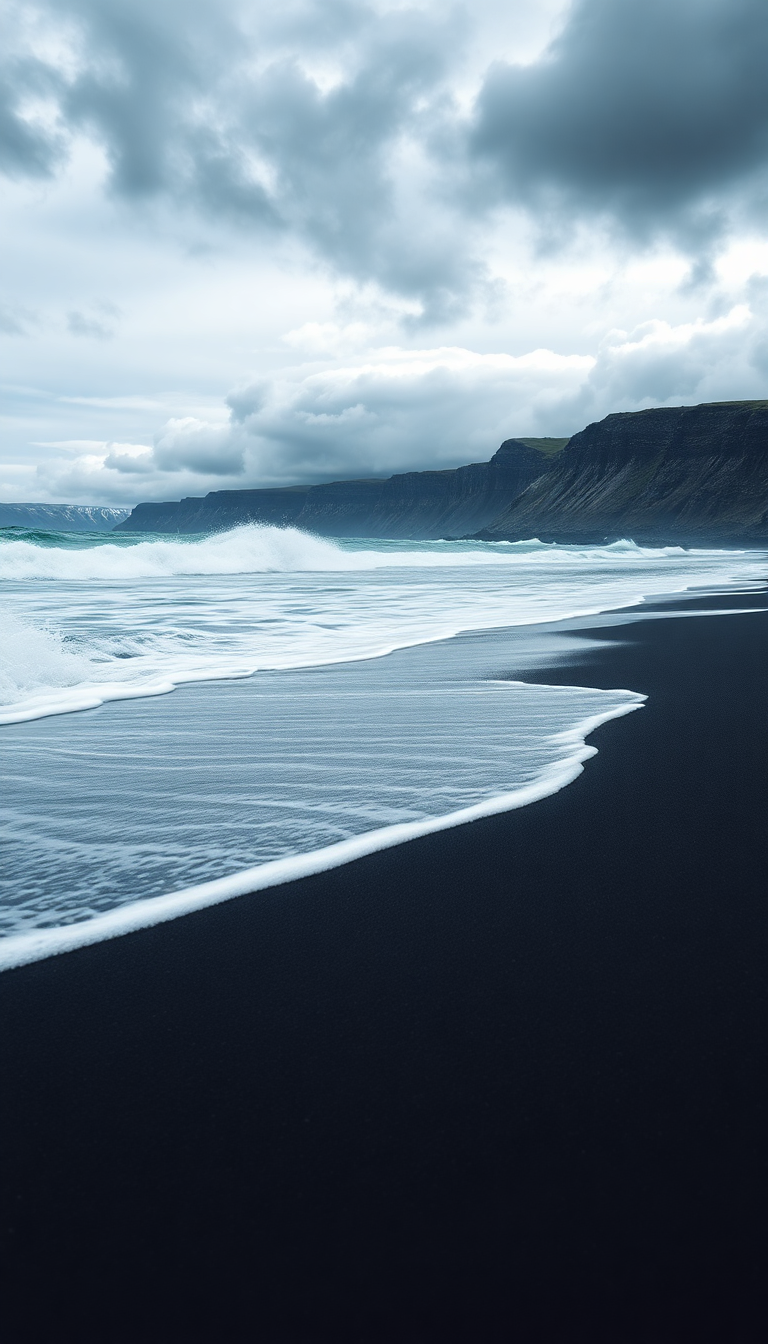 Icelandic Black Sand Beach Waves Photorealistic Wallpaper