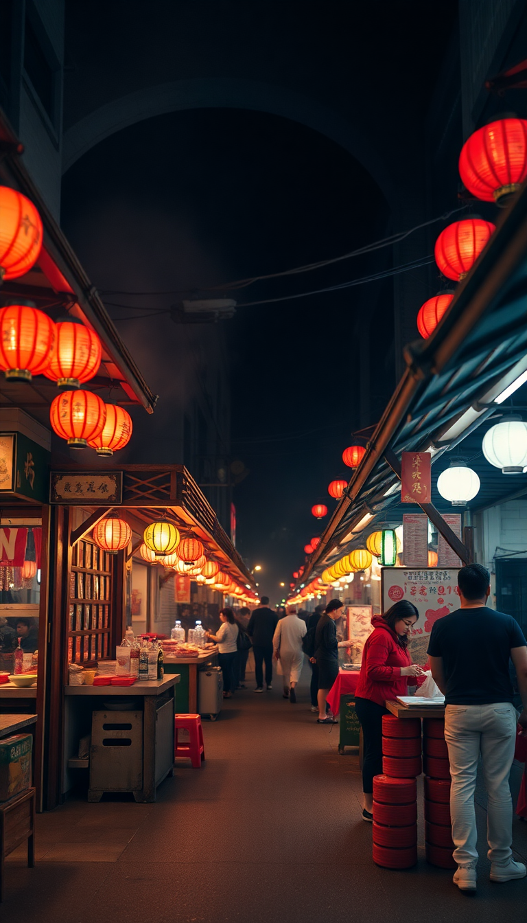 Night Market Street Food Stalls Photorealistic Wallpaper
