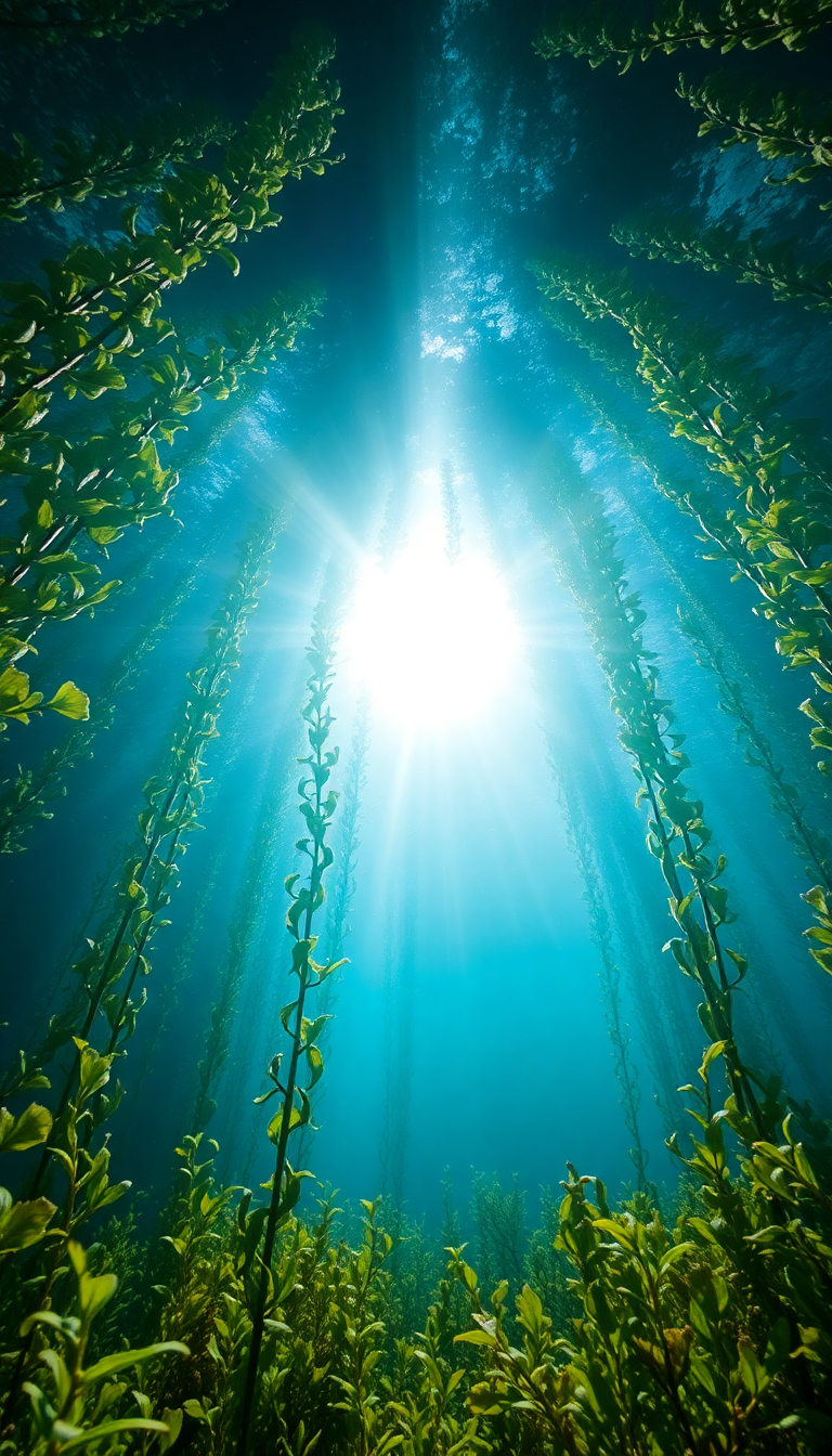 Underwater Kelp Forest Sun Rays Photorealistic Wallpaper