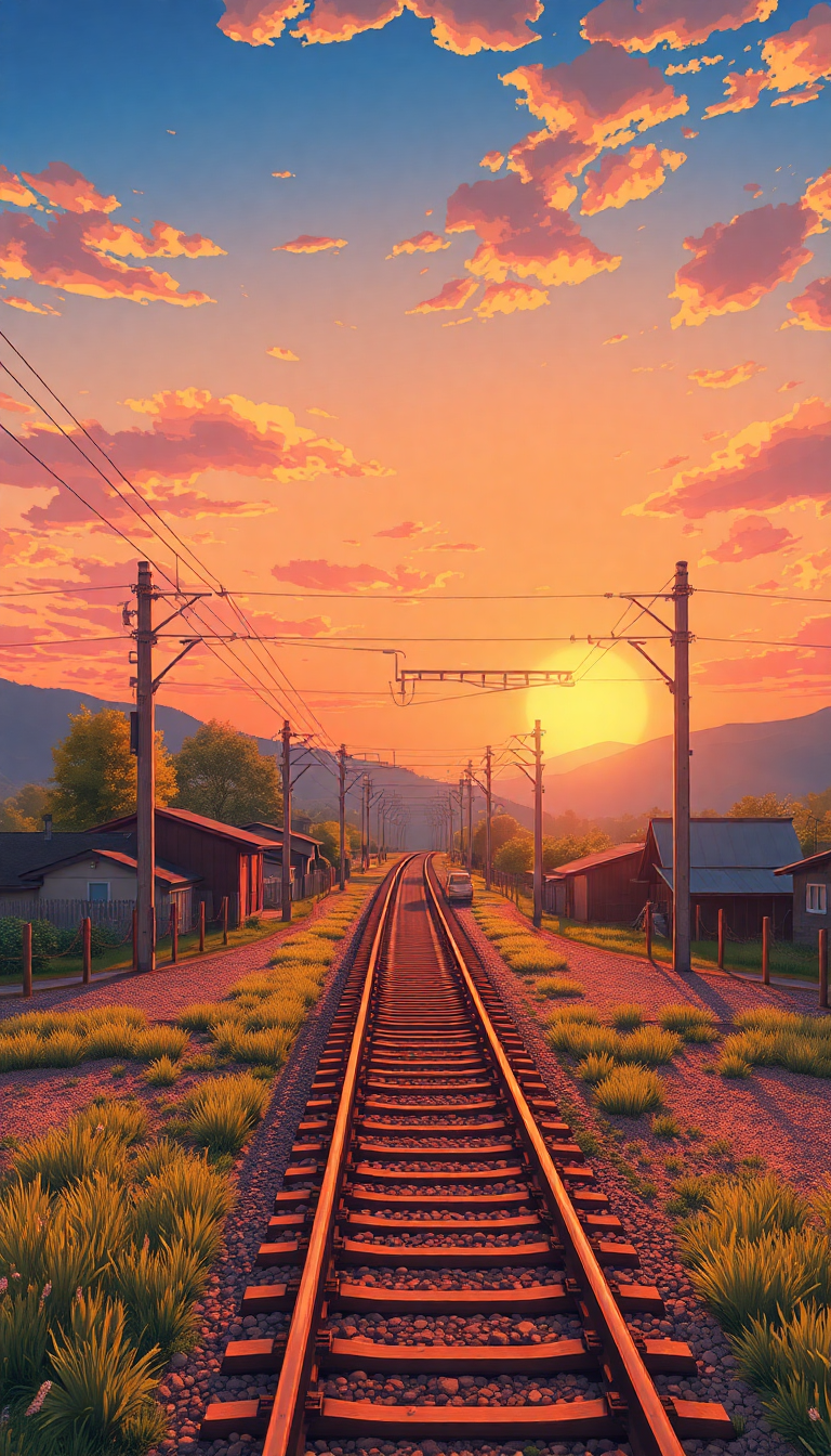 Train Crossing Rural Japan Sunset Anime Wallpaper
