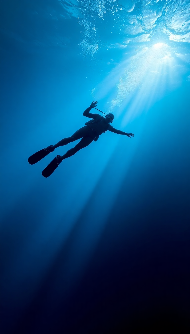 Freediver Descending Into Deep Blue Photorealistic Wallpaper