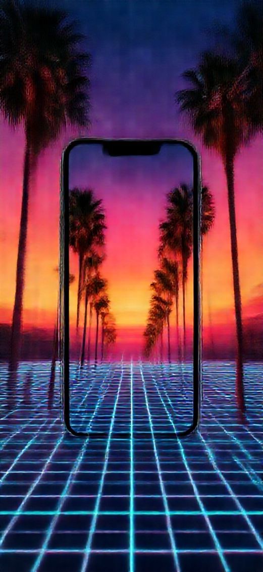 80s Synthwave Grid Sunset Palm Digital art Wallpaper