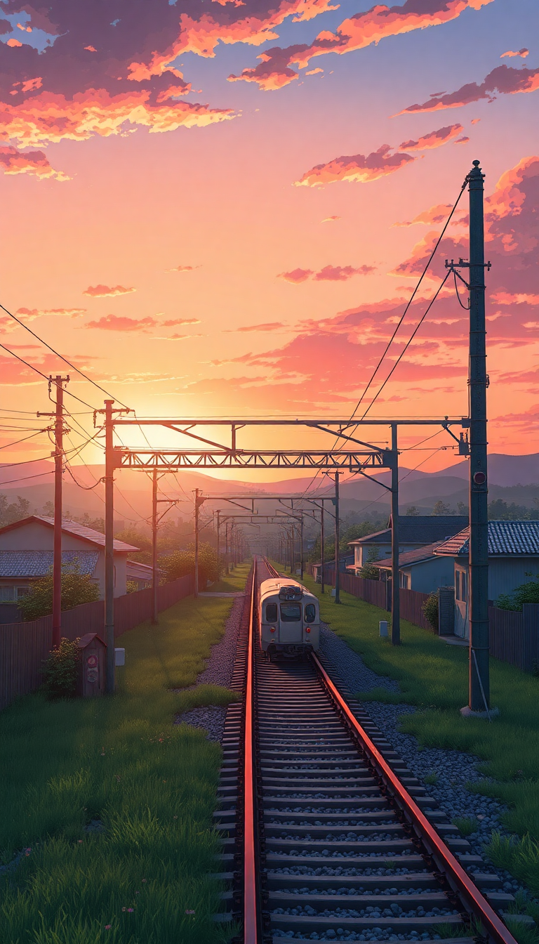 Train Crossing Rural Japan Sunset Anime Wallpaper