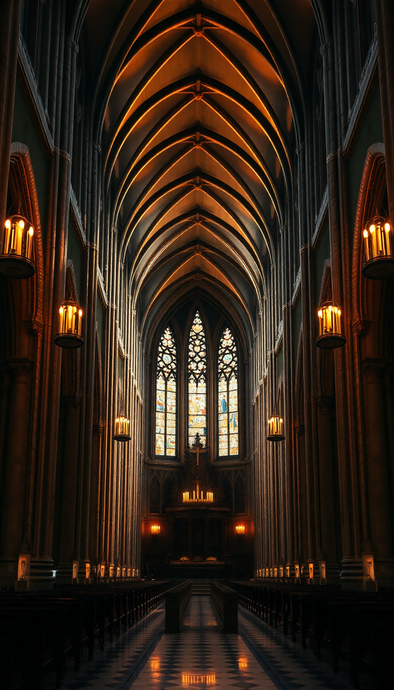 Gothic Cathedral Interior Candlelight Shadows Photorealistic Wallpaper