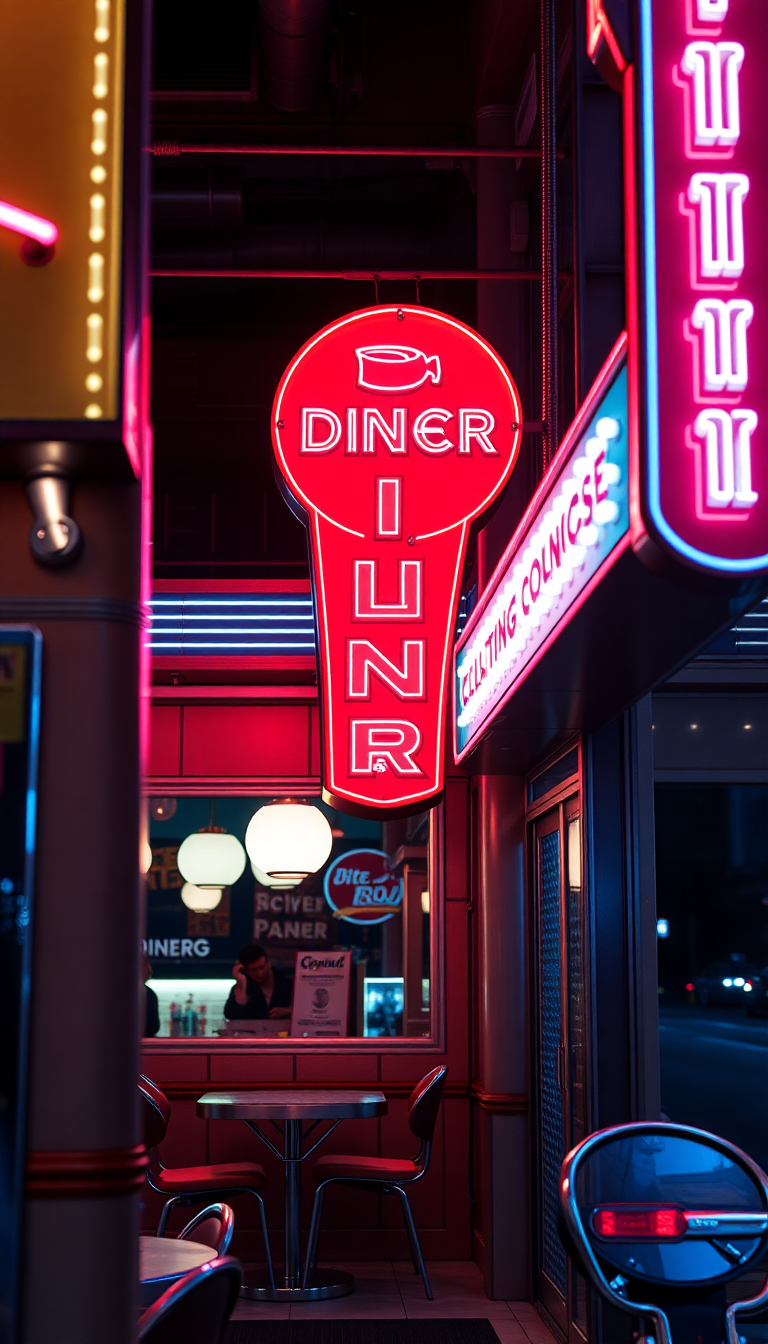 Retro Diner Neon Signs Chrome Photorealistic Wallpaper