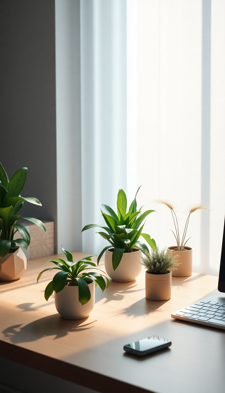 Minimalist Desk Setup Plants Morning Photorealistic Wallpaper