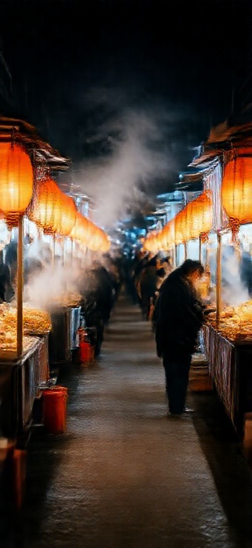 Night Market Street Food Stalls Photorealistic Wallpaper