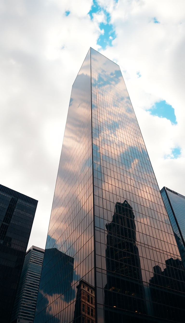 Glass Skyscraper Reflections Clouds Warped Photorealistic Wallpaper
