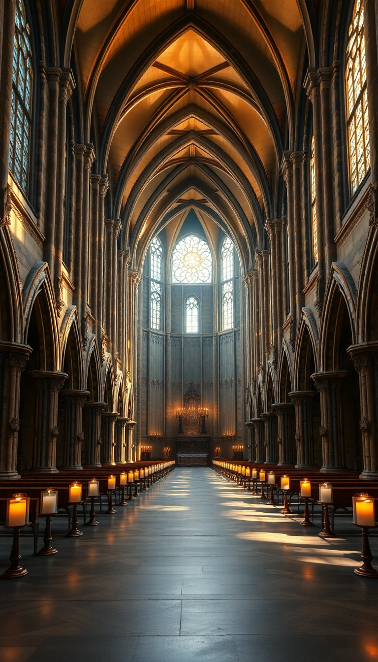 Gothic Cathedral Interior Candlelight Shadows Photorealistic Wallpaper