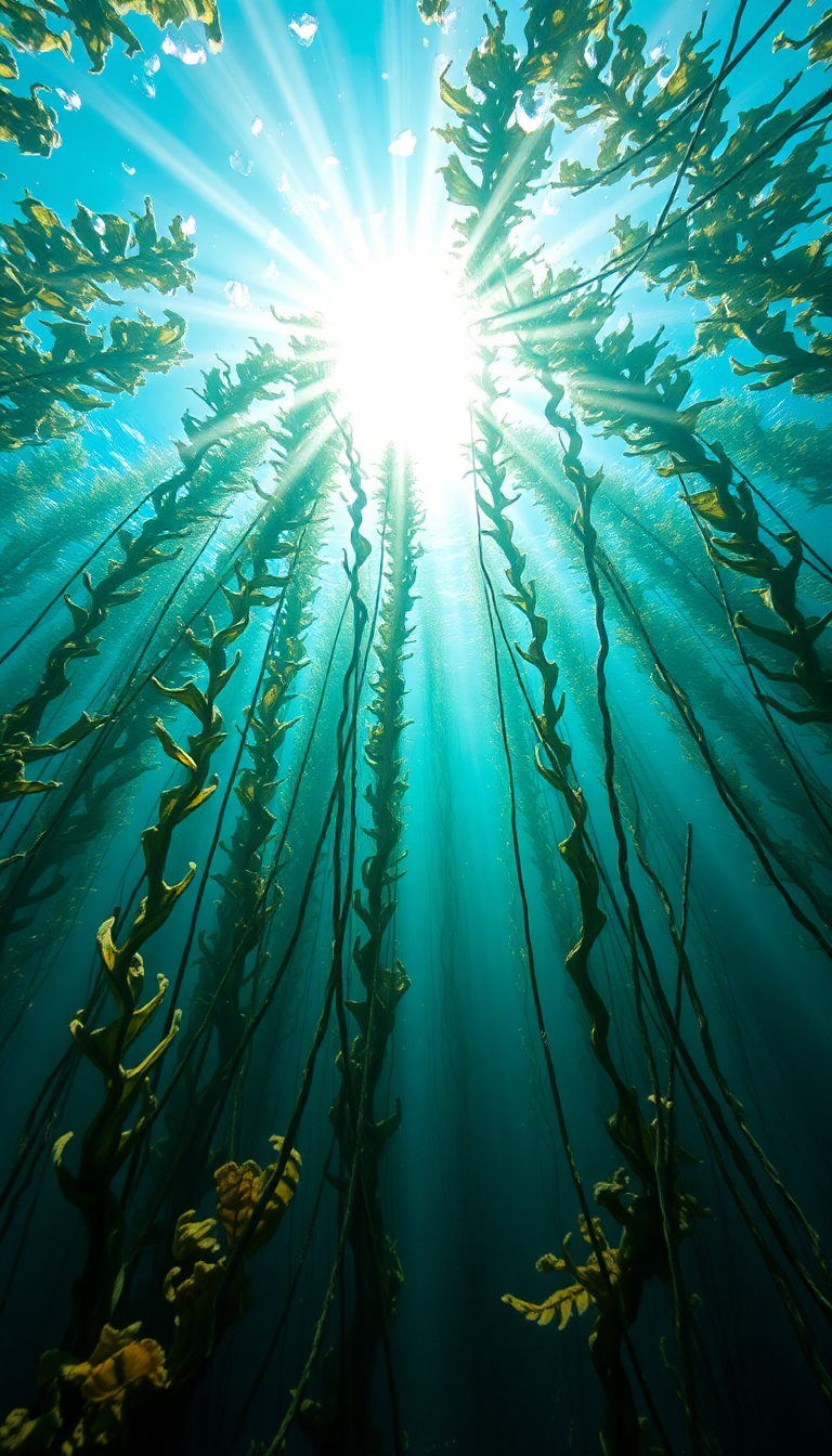 Underwater Kelp Forest Sun Rays Photorealistic Wallpaper
