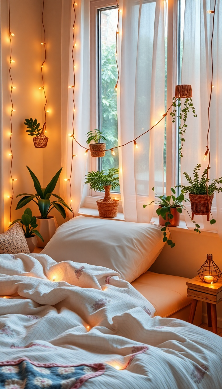 Indie Bedroom Fairy Lights Plants Photorealistic Wallpaper