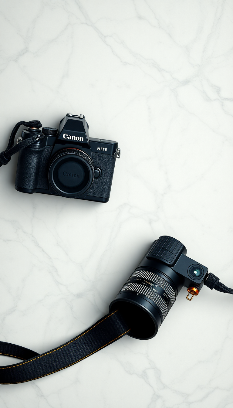 Film Camera On Marble Flatlay Photorealistic Wallpaper