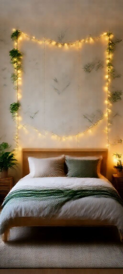 Indie Bedroom Fairy Lights Plants Photorealistic Wallpaper