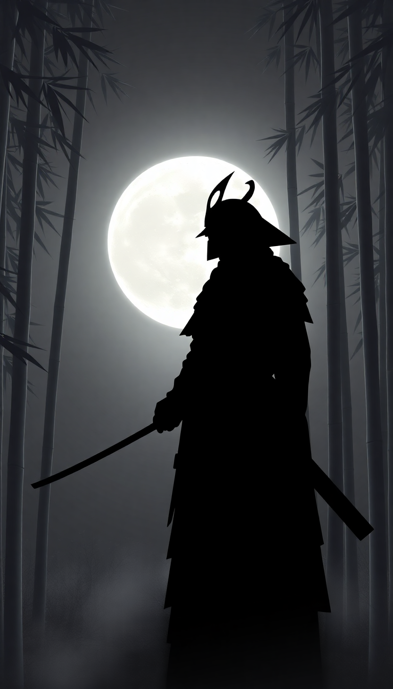 Samurai Silhouette Moonlit Bamboo Forest Digital art Wallpaper