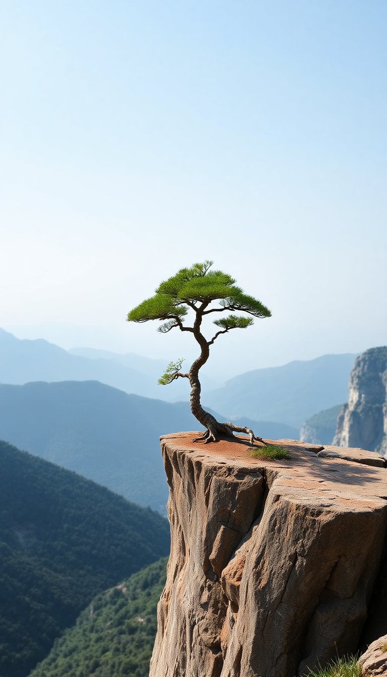 Bonsai Tree On Cliff Edge Minimalist Wallpaper