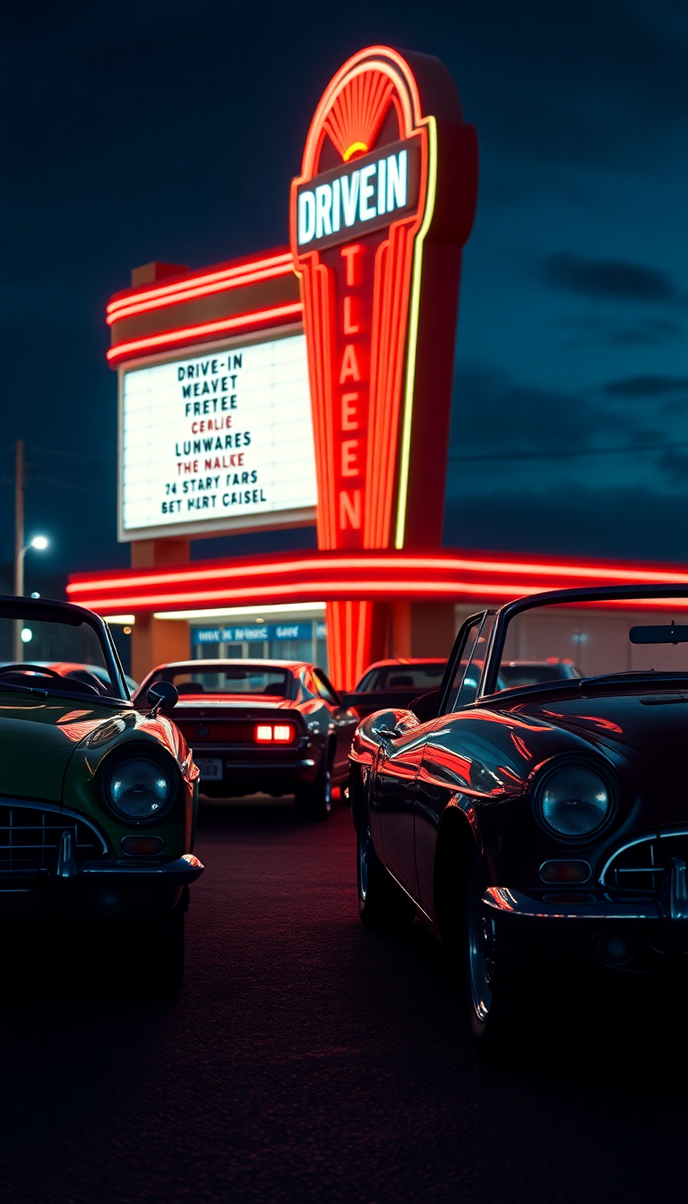 Drive-in Movie Theater Night Classic Photorealistic Wallpaper