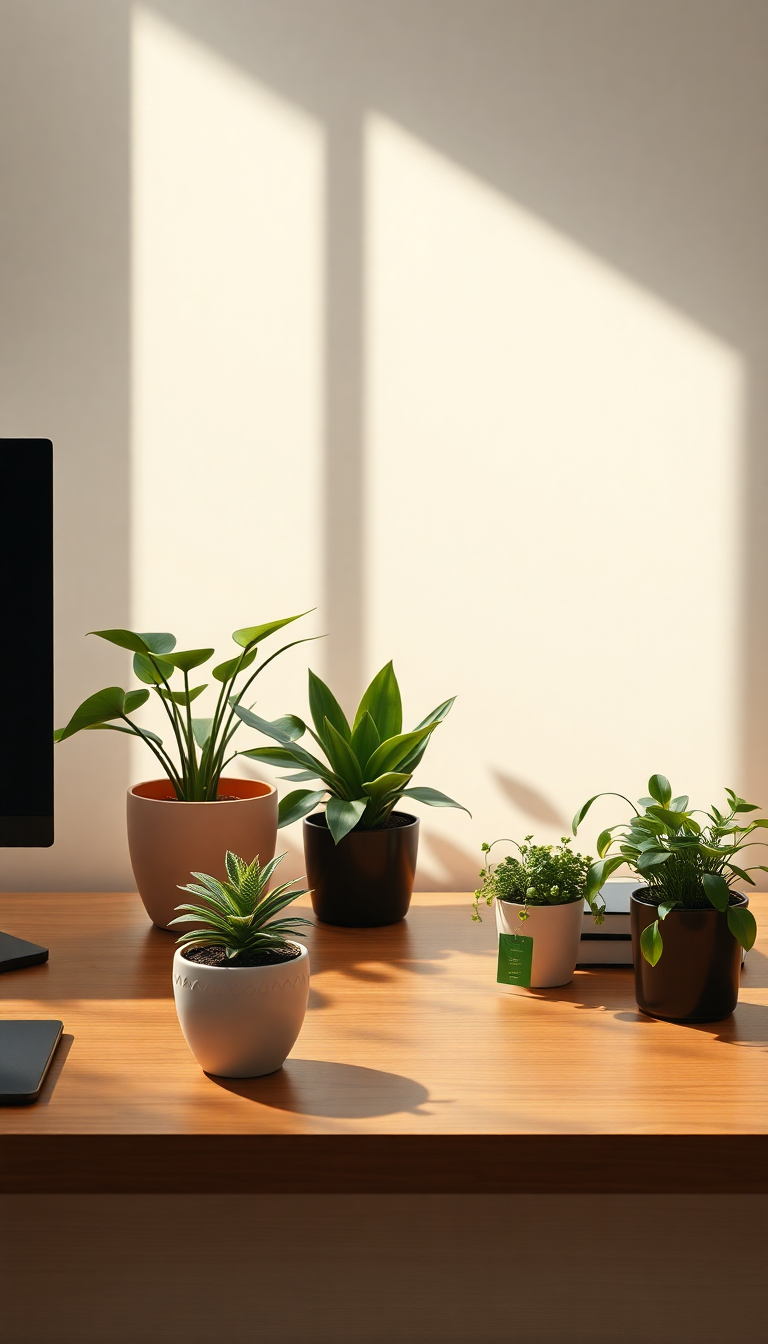 Minimalist Desk Setup Plants Morning Photorealistic Wallpaper