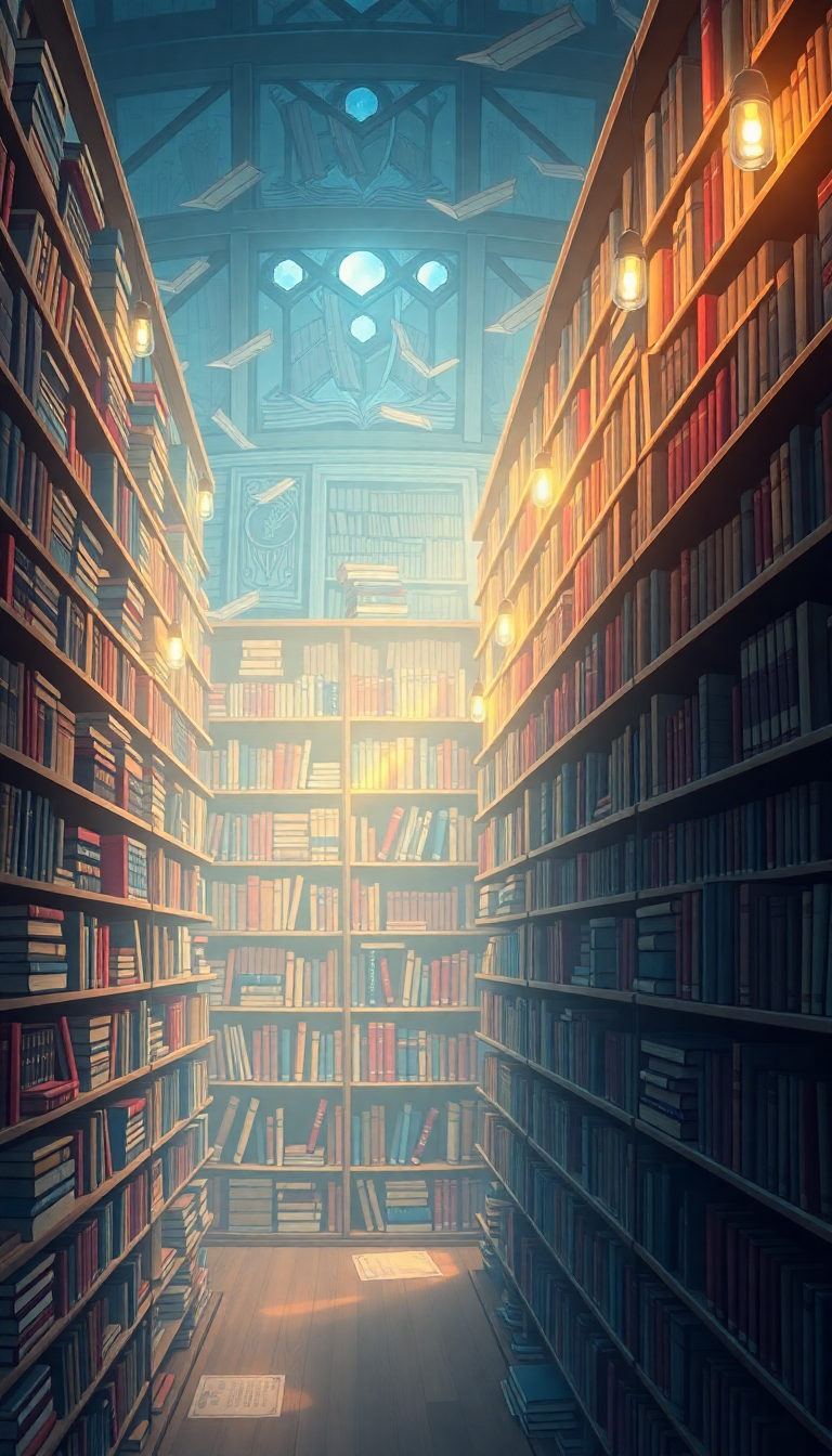Magical Library Infinite Bookshelves Floating Anime Wallpaper