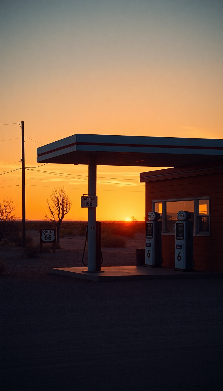 Old Gas Station Desert Route Photorealistic Wallpaper