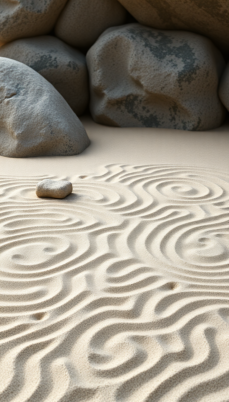 Zen Rock Garden Raked Sand Photorealistic Wallpaper