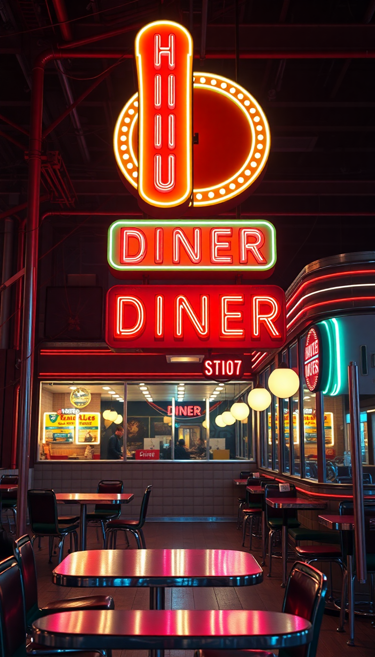 Retro Diner Neon Signs Chrome Photorealistic Wallpaper