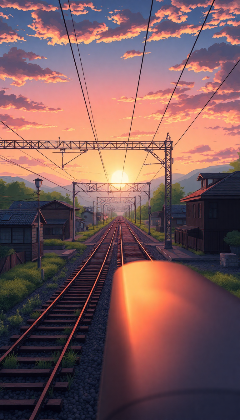 Train Crossing Rural Japan Sunset Anime Wallpaper