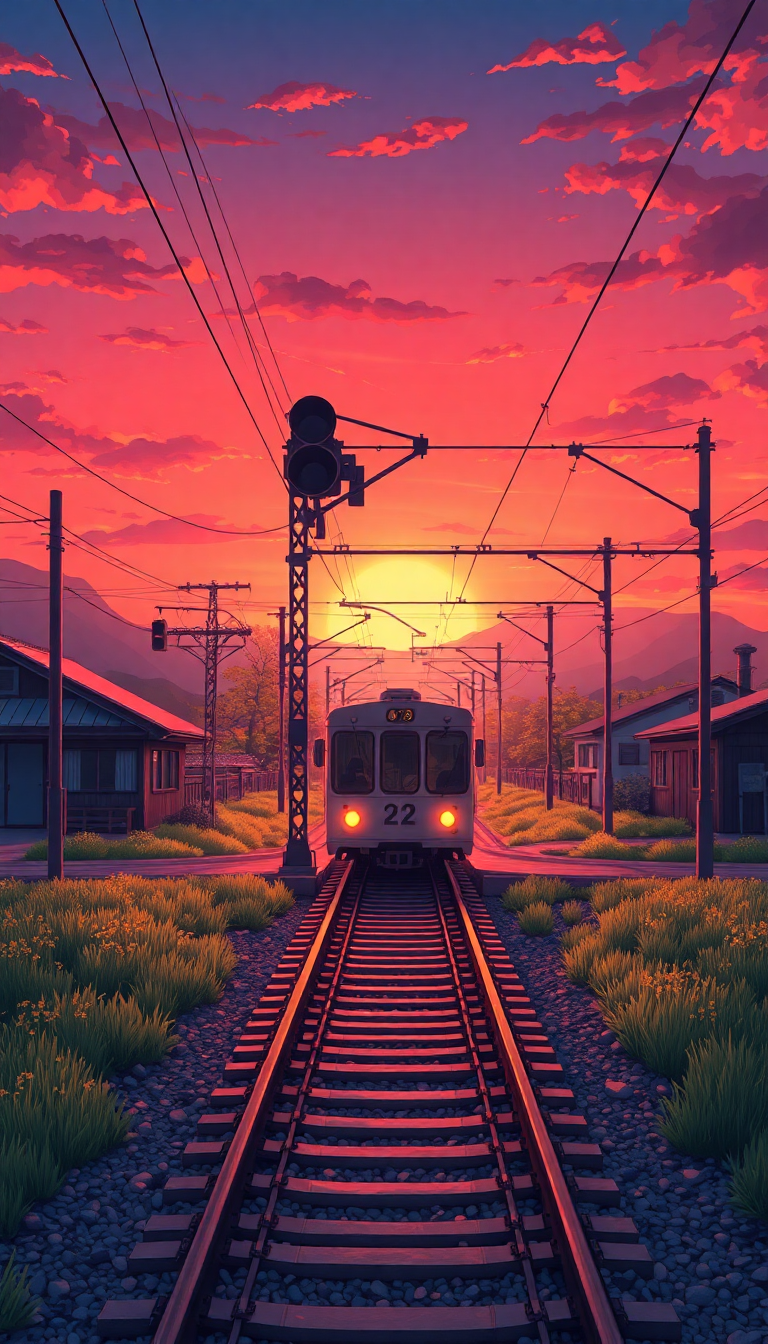 Train Crossing Rural Japan Sunset Anime Wallpaper