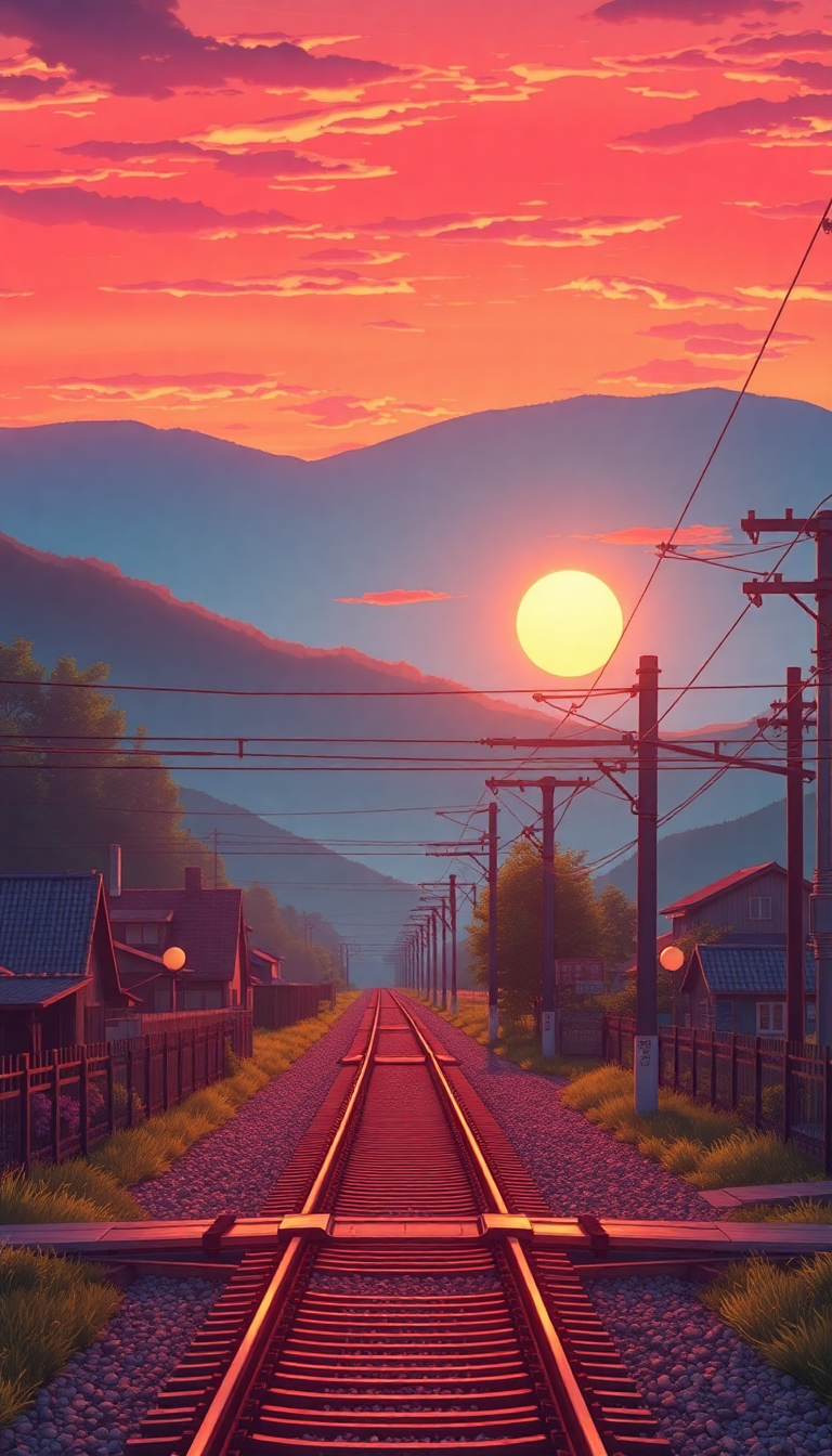 Train Crossing Rural Japan Sunset Anime Wallpaper