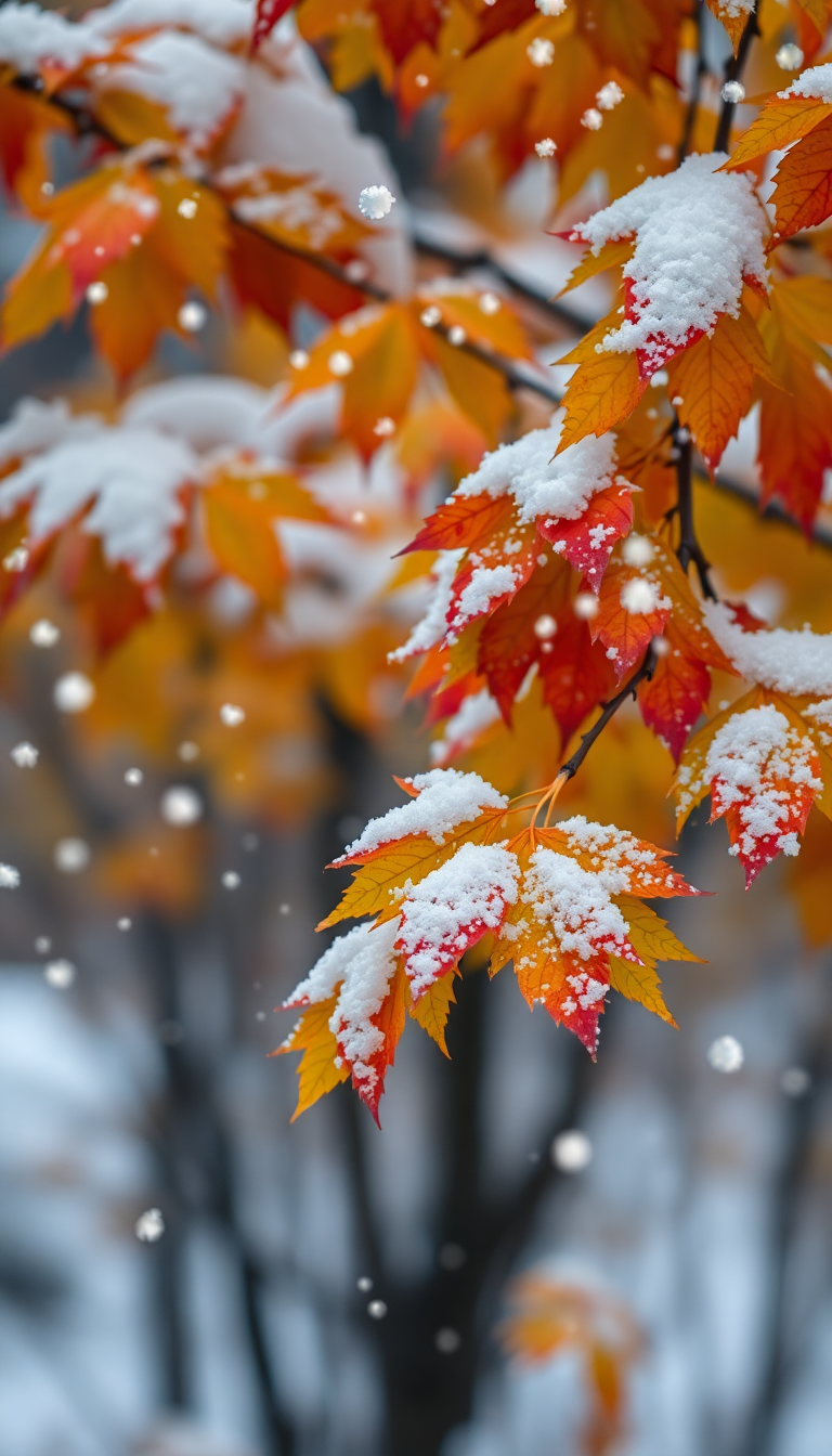 First Snow Falling On Autumn Photorealistic Wallpaper