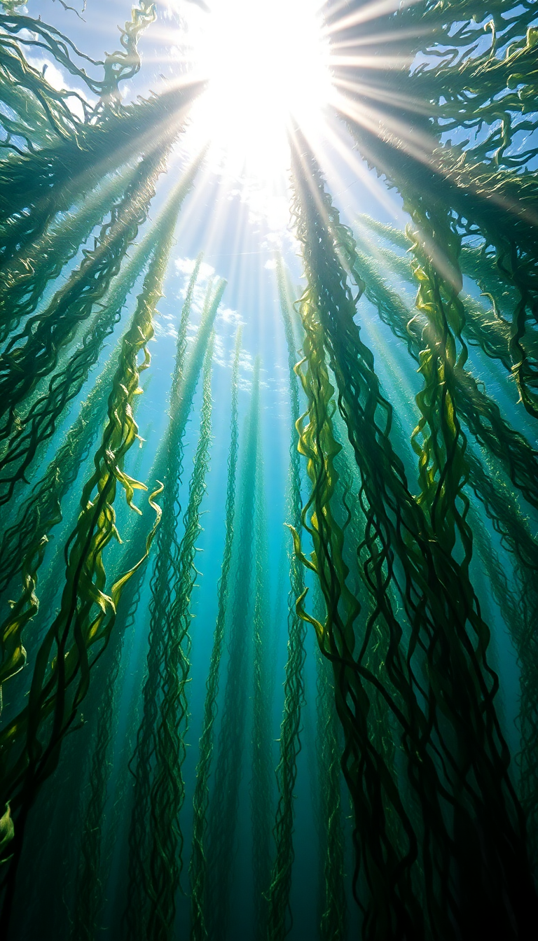 Underwater Kelp Forest Sun Rays Photorealistic Wallpaper