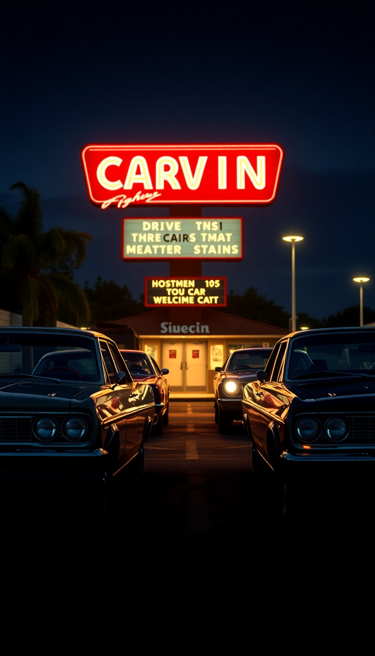 Drive-in Movie Theater Night Classic Photorealistic Wallpaper