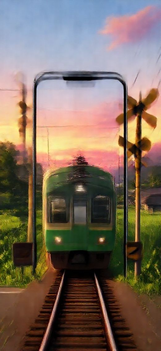 Train Crossing Rural Japan Sunset Anime Wallpaper