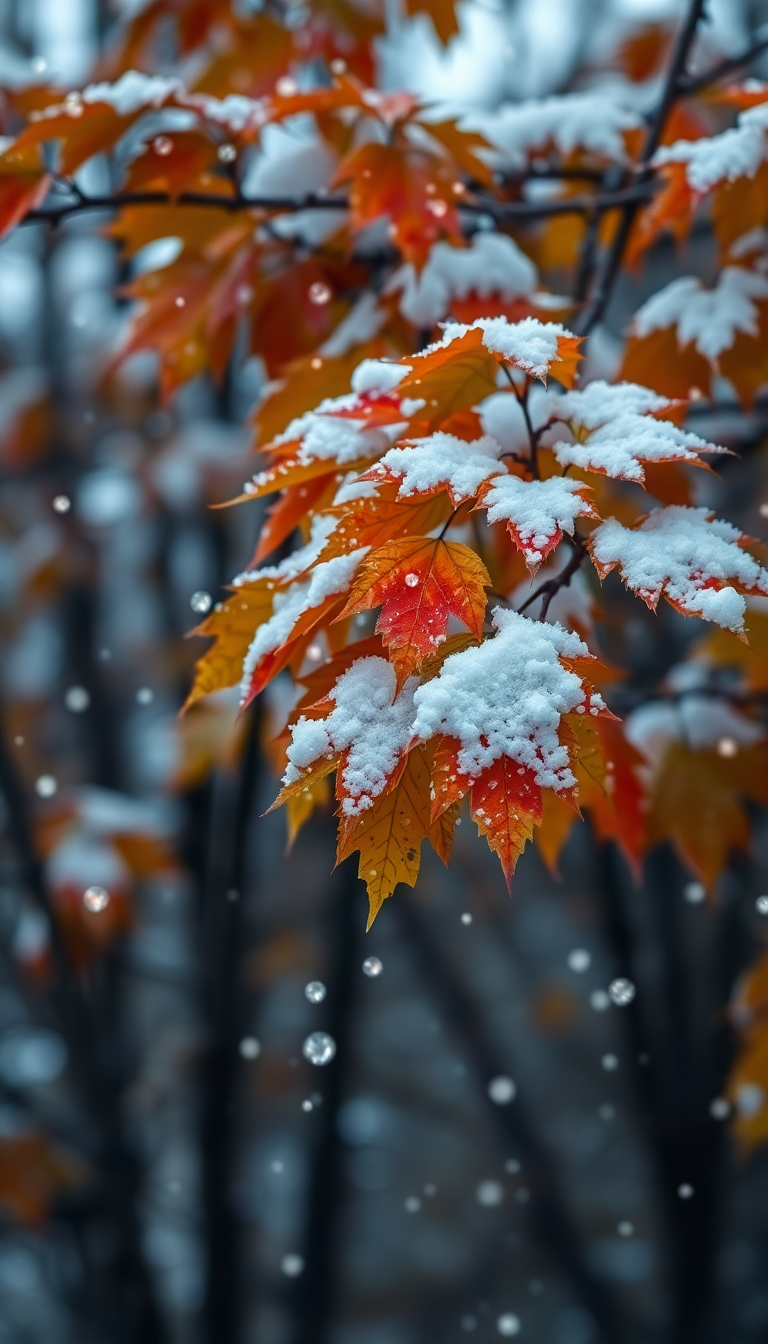 First Snow Falling On Autumn Photorealistic Wallpaper