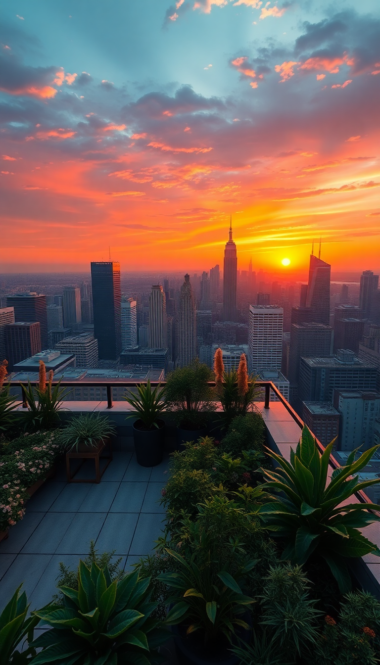 Rooftop Garden Oasis Above City Photorealistic Wallpaper