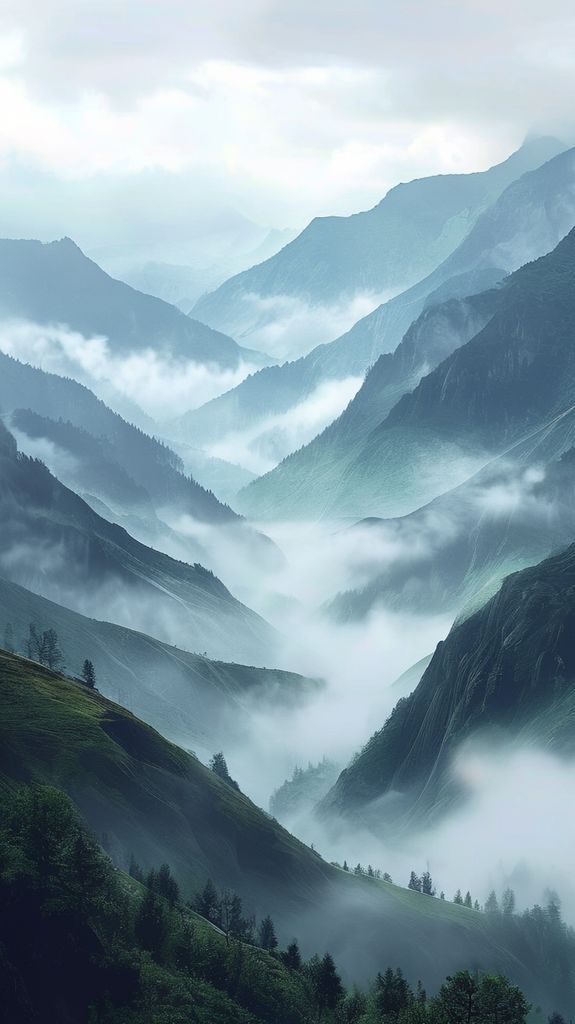 Fog Rolling Over Mountains Valley Photorealistic Wallpaper