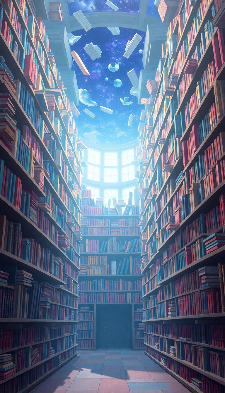 Magical Library Infinite Bookshelves Floating Anime Wallpaper