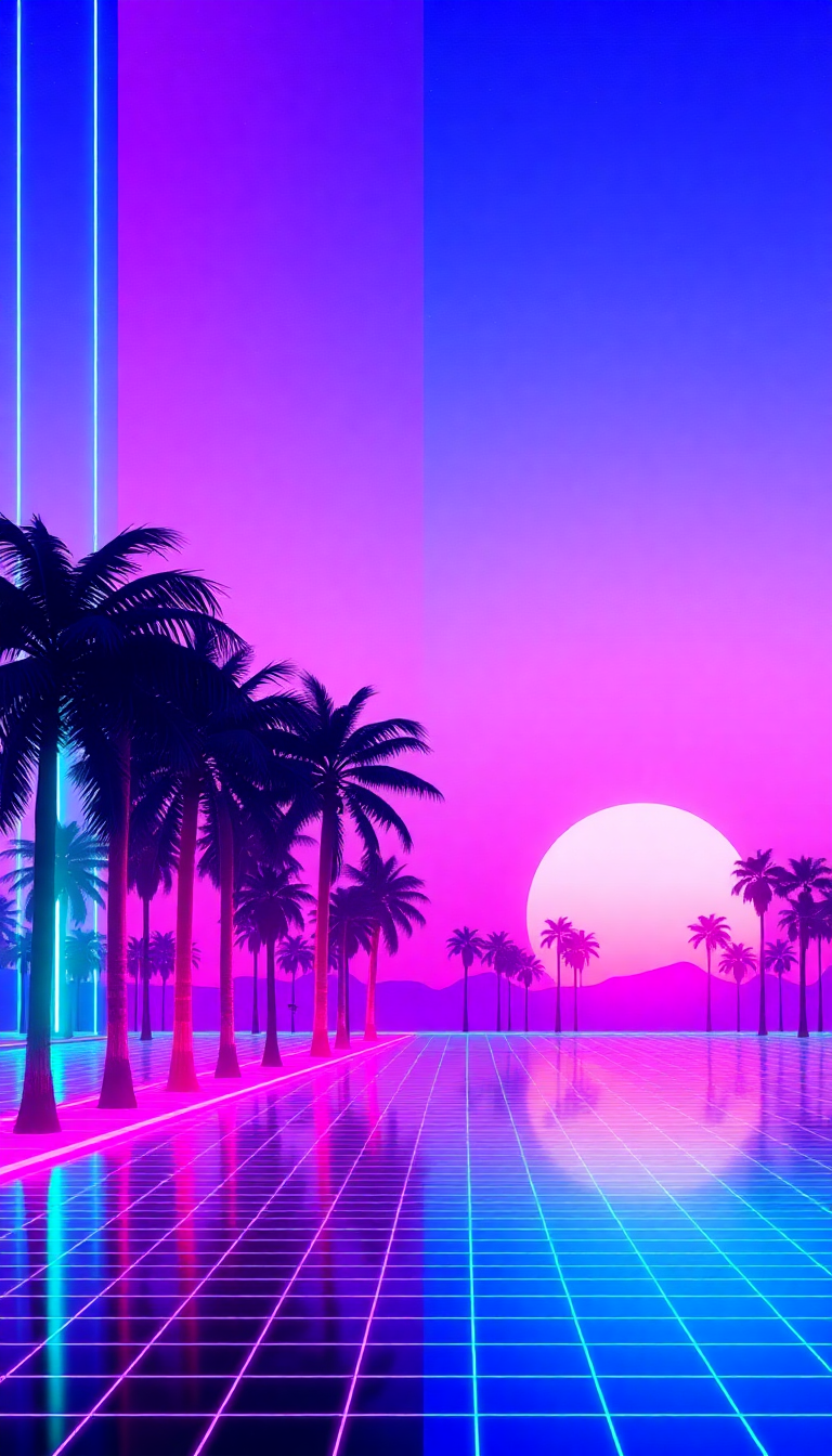 80s Synthwave Grid Sunset Palm Digital art Wallpaper