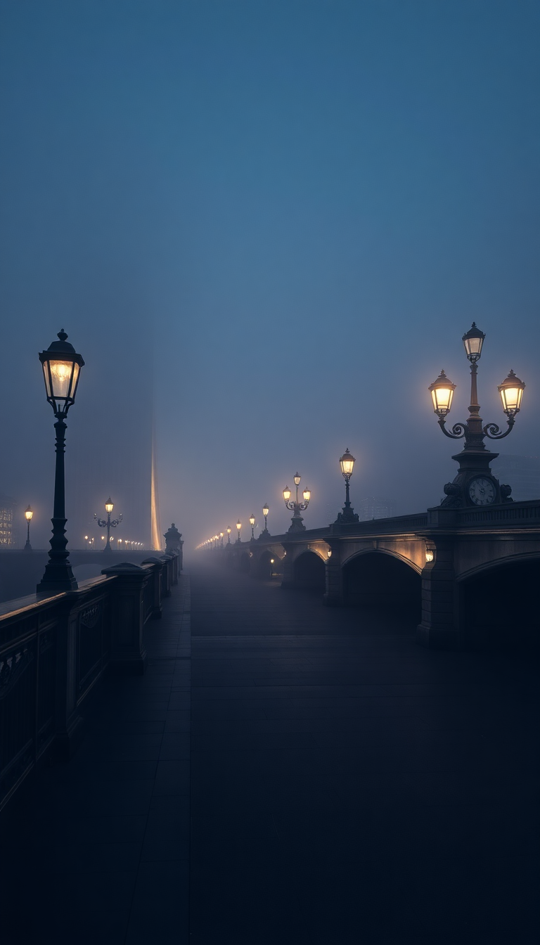 Modern Foggy Bridge Lampposts Photorealistic Wallpaper