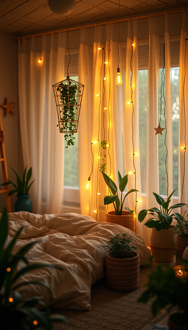 Indie Bedroom Fairy Lights Plants Photorealistic Wallpaper