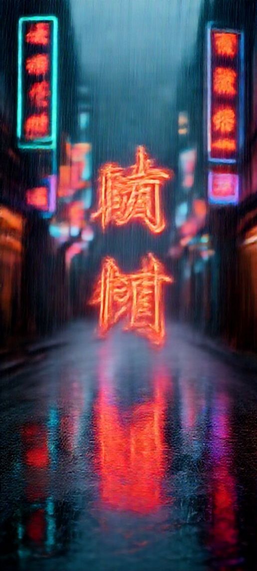 Neon Signs Chinese Characters Rain Digital art Wallpaper