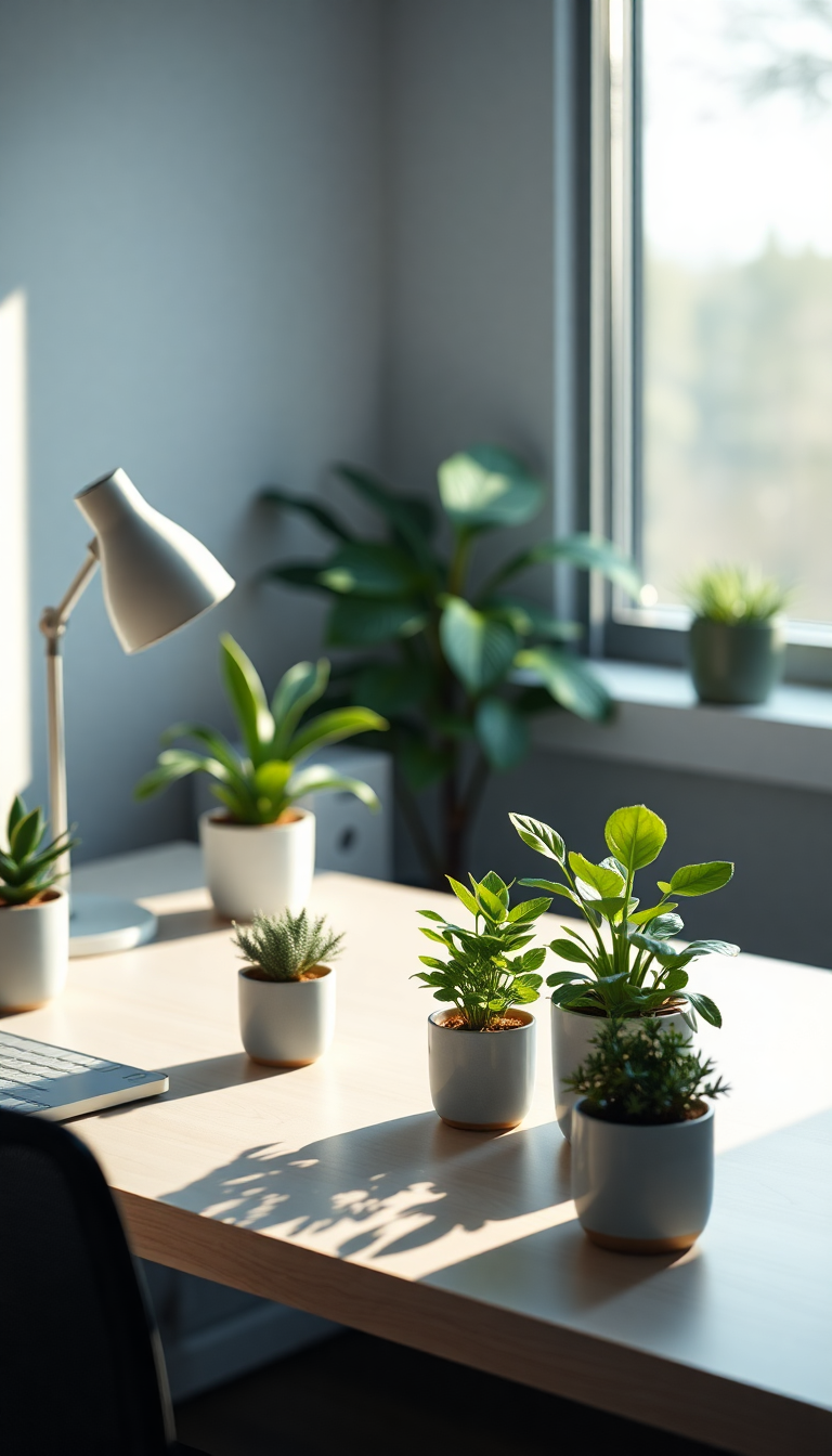 Minimalist Desk Setup Plants Morning Photorealistic Wallpaper
