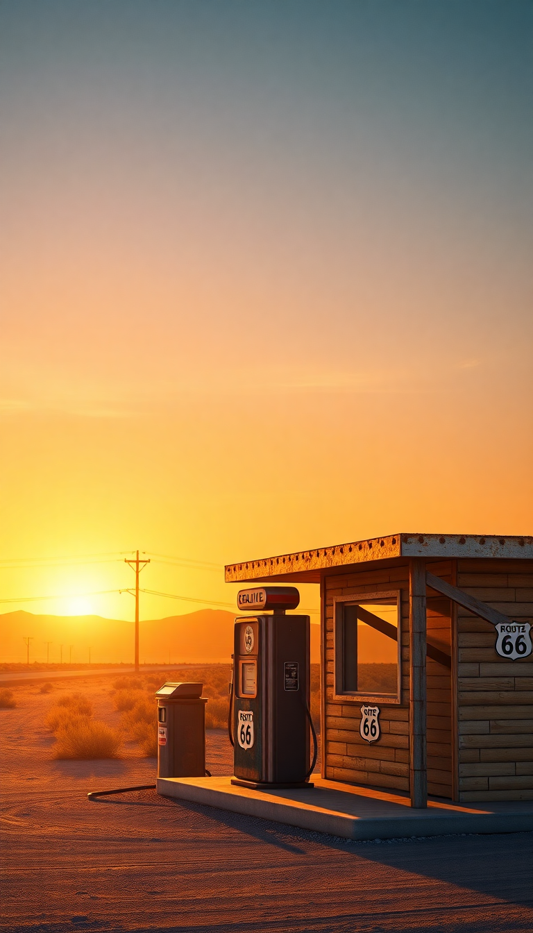 Old Gas Station Desert Route Photorealistic Wallpaper